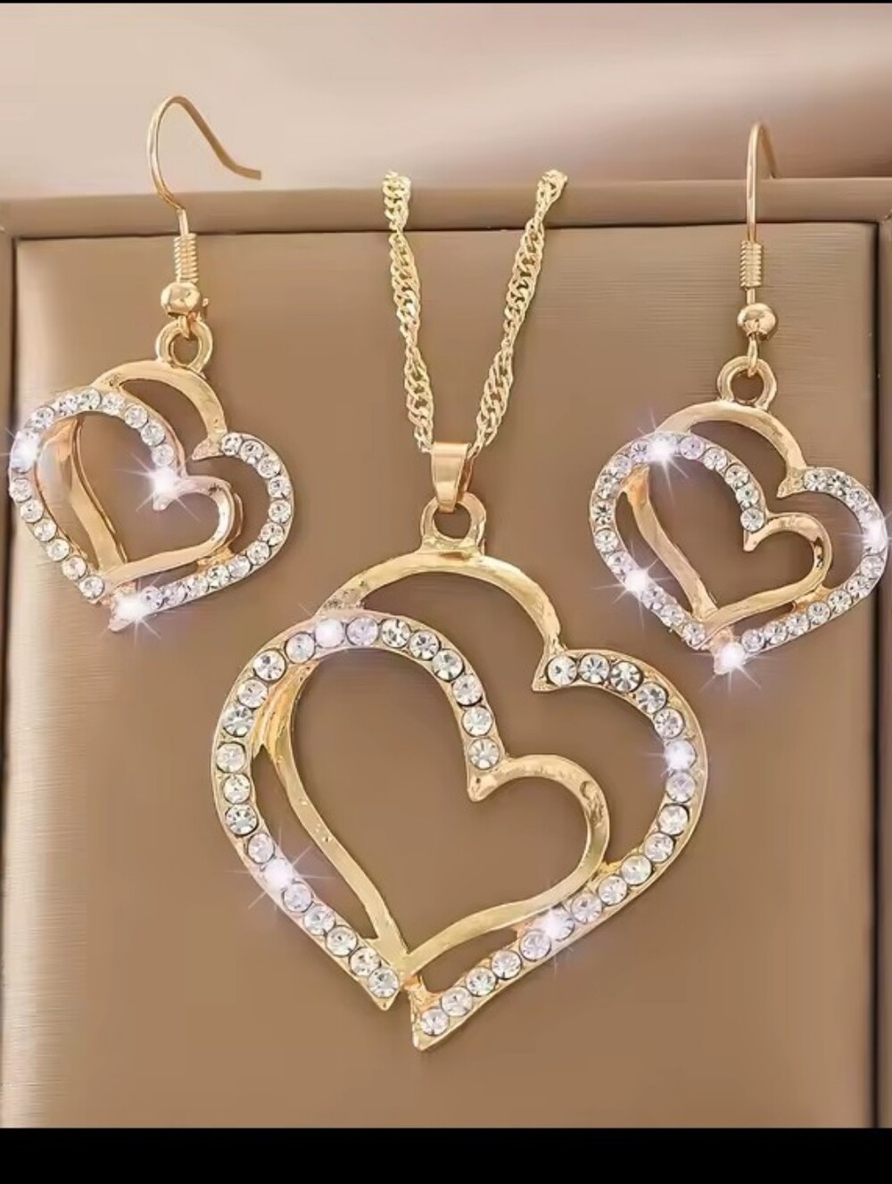 Rhinestone Heart Necklace Earrings Women's Dangle Gold Jewelry New G33